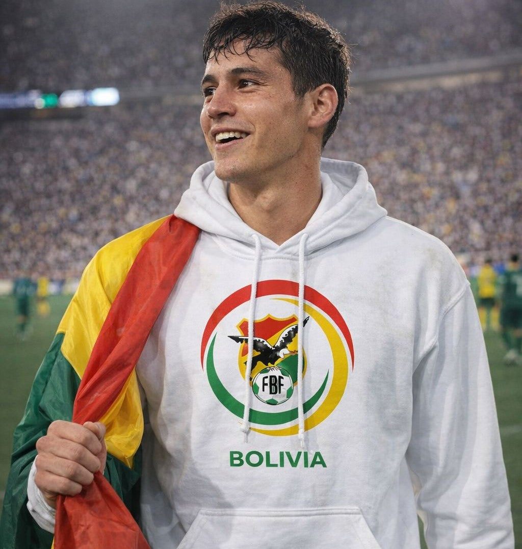 Bolivian Fan wearing a FutbolRoom hoodie