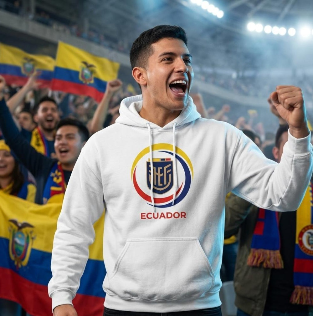 Person wearing a white hoodie with Ecuador logo in a stadium filled with fans holding flags