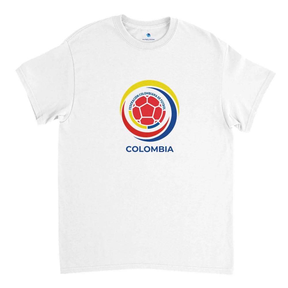 White t-shirt with Colombia national football team logo on a white background