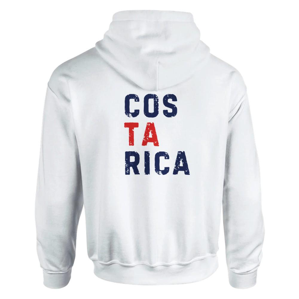 White hoodie with 'Costa Rica' text on the back against a white background
