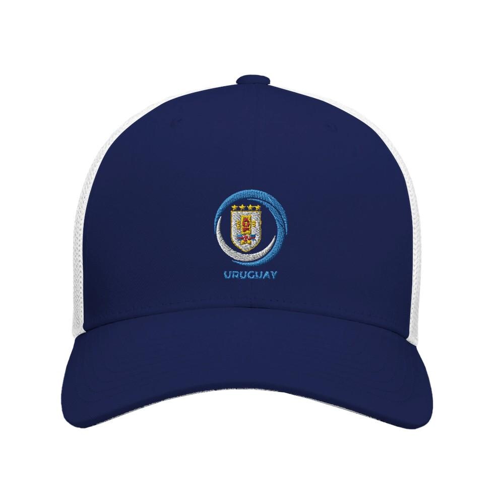 Navy blue cap with white mesh and Uruguay emblem on a white background