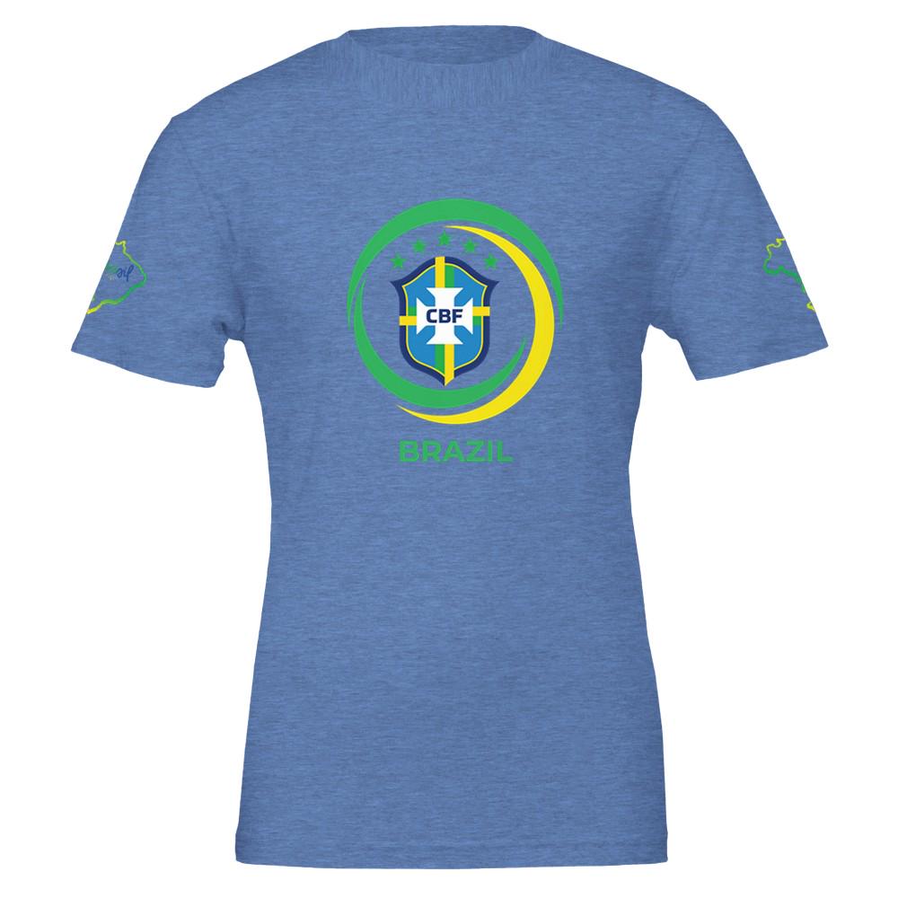 Blue t-shirt with a Brazilian football Confederation logo on a white background