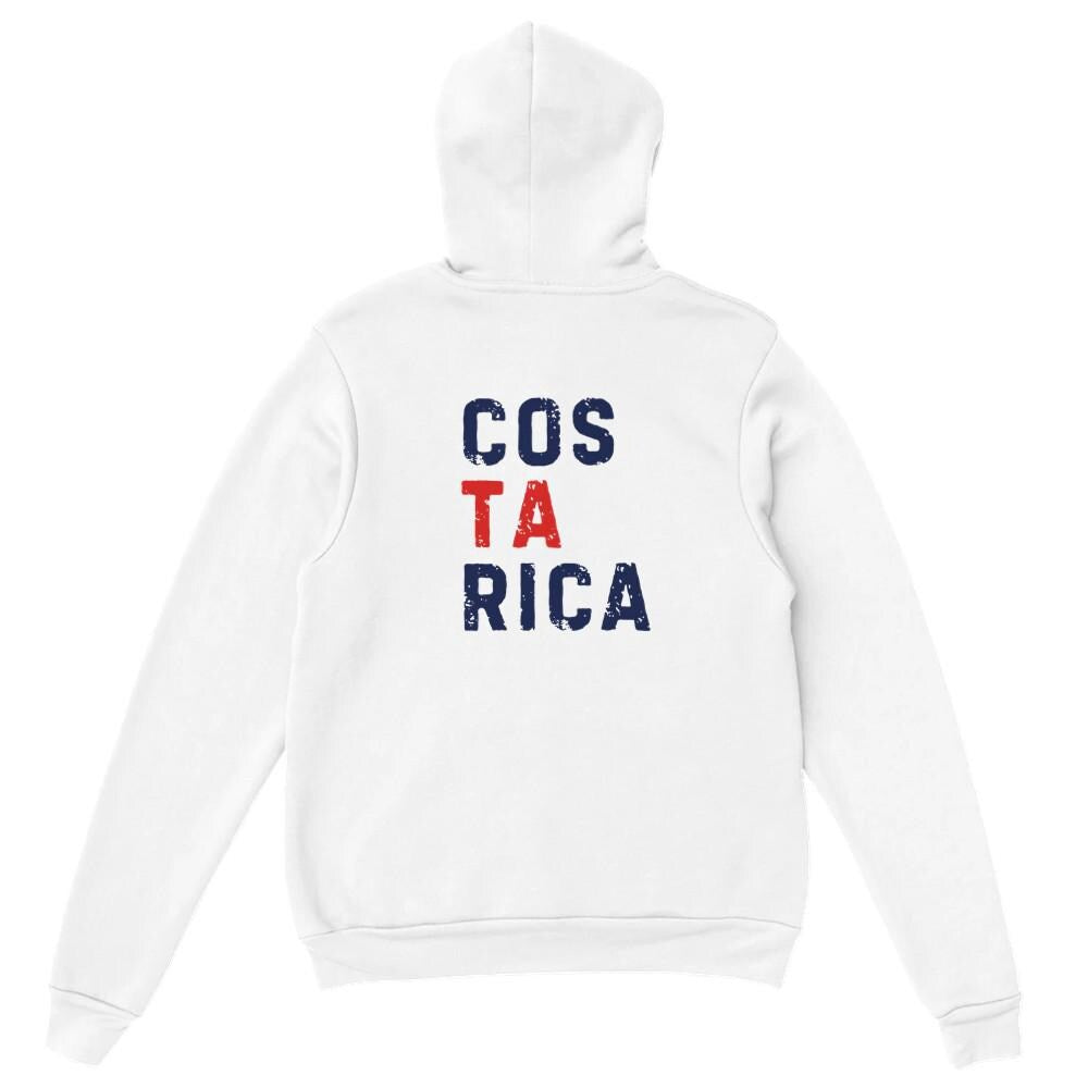 White hoodie with 'Costa Rica' text on the back against a white background