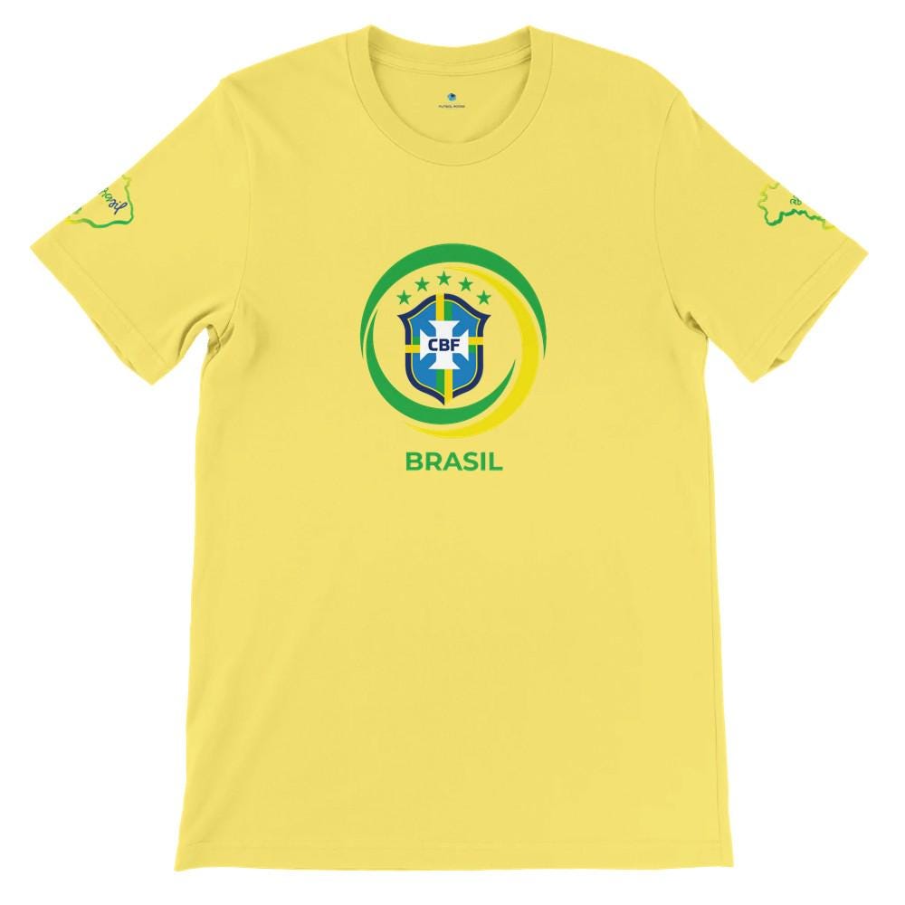 Yellow t-shirt with Brazilian football Confederation logo on a white background