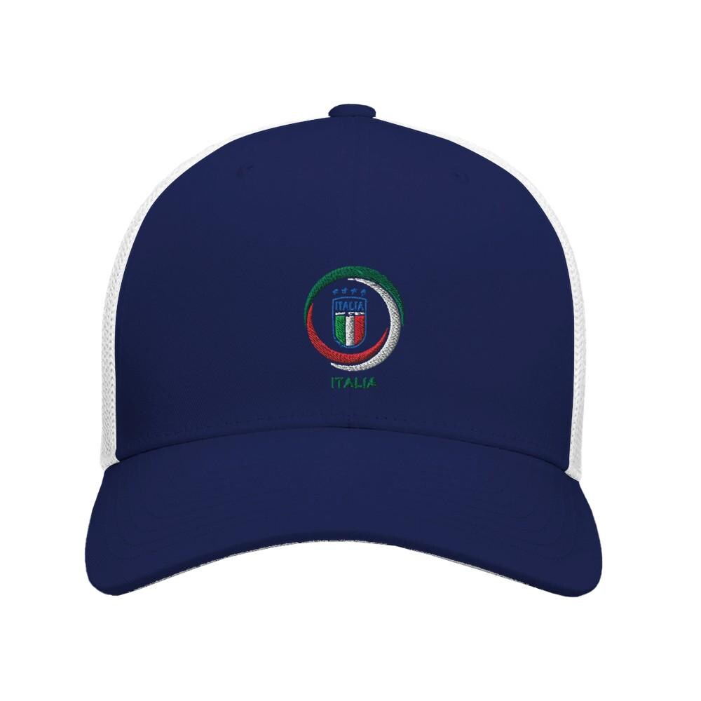 Navy blue cap with white mesh and embroidered logo on a white background