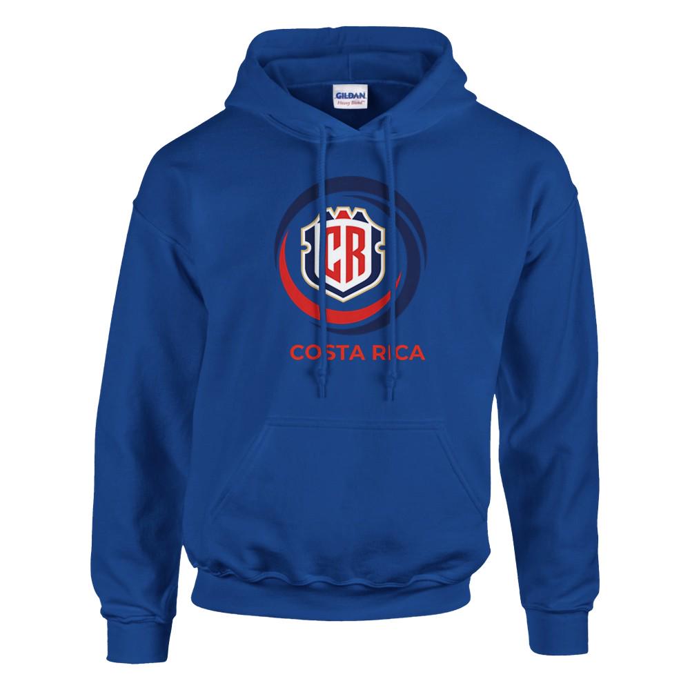 Blue hoodie with Costa Rica logo on a white background