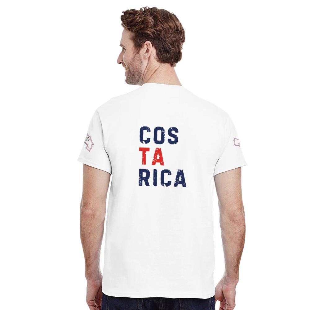 Man wearing a white t-shirt with 'Costa Rica' printed on the back, standing against a white background.