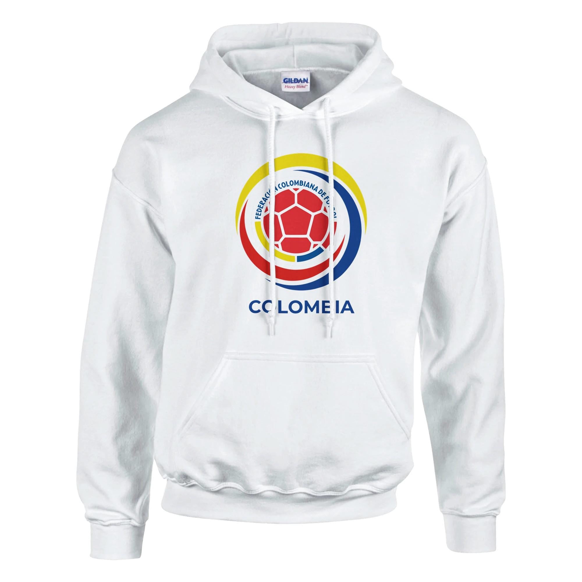 White hoodie with a colorful logo and 'Colomeia' text on a white background