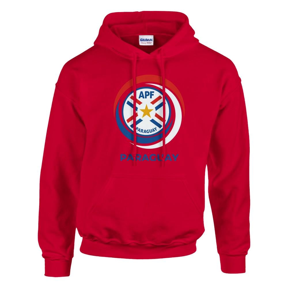 Red hoodie with a logo and text on a white background