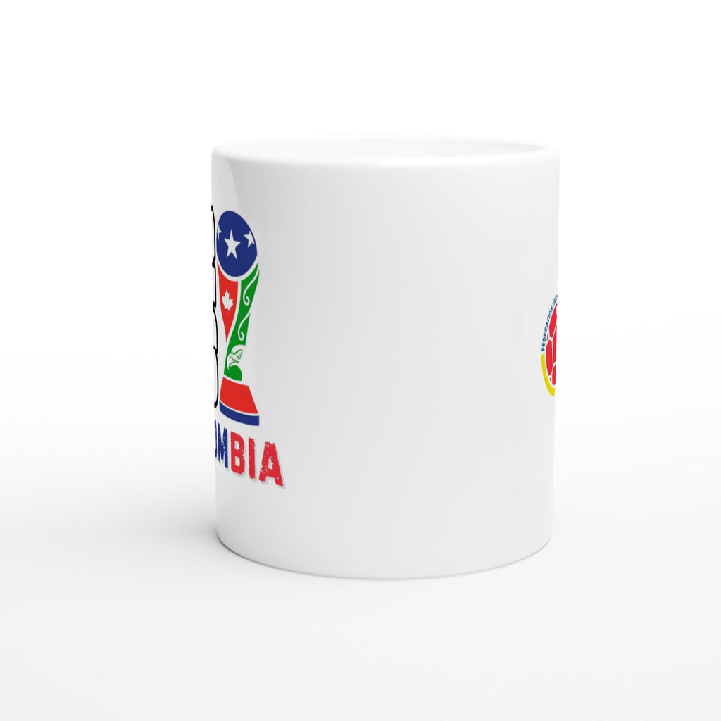 White mug with colorful design and 'Colombia' text on a white background