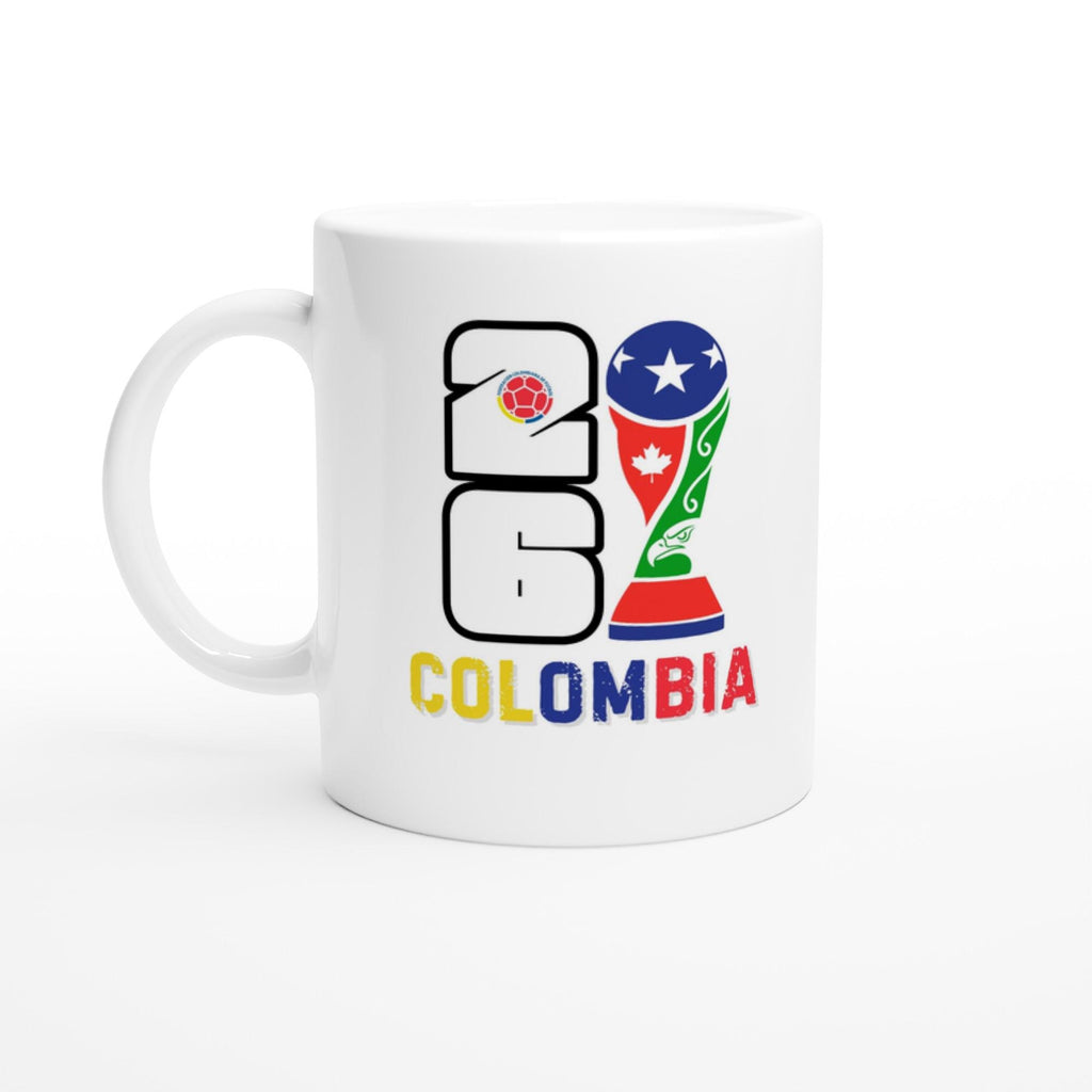 White mug with Colombia-themed design featuring a trophy and numbers on a white background