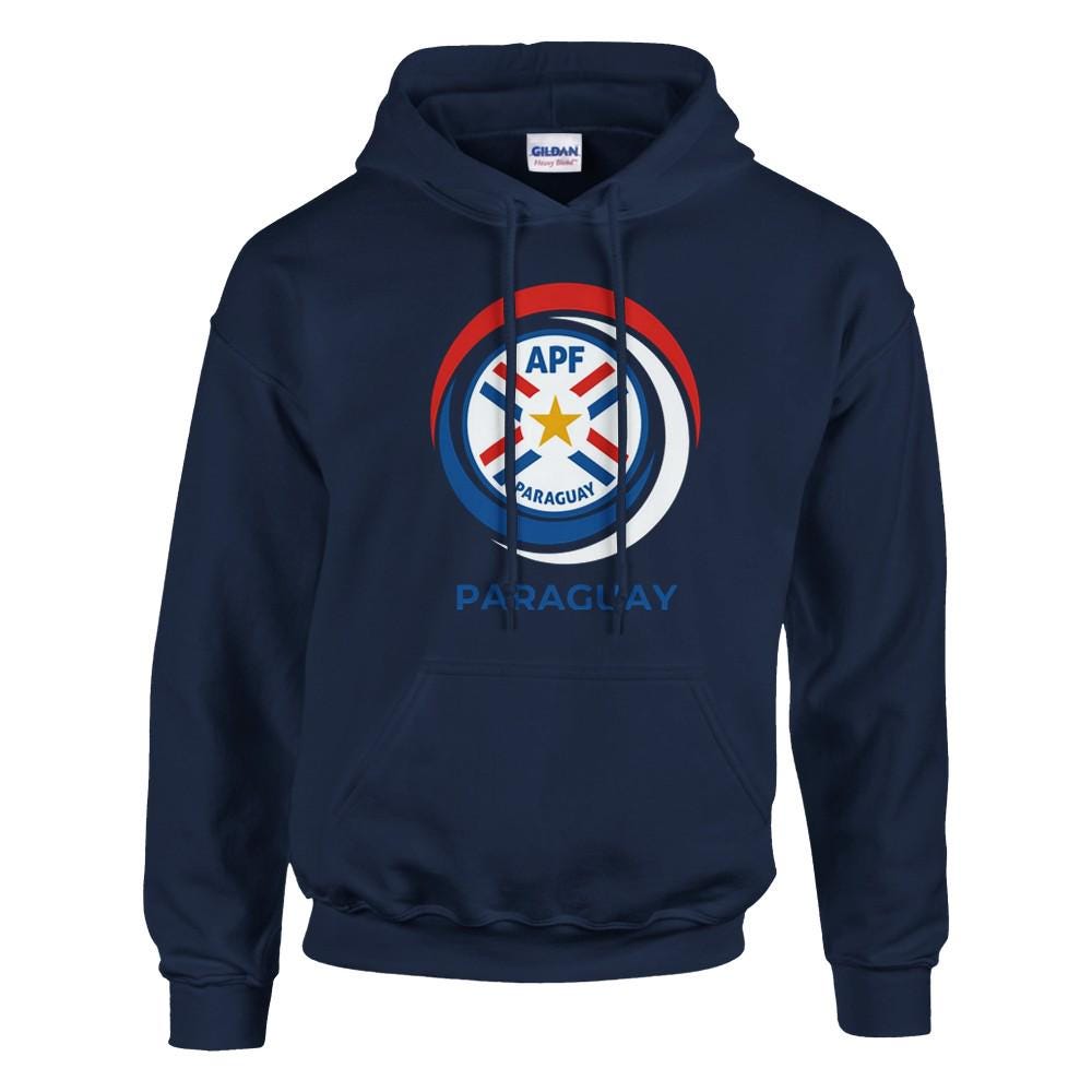 Navy blue hoodie with a logo and text on a white background