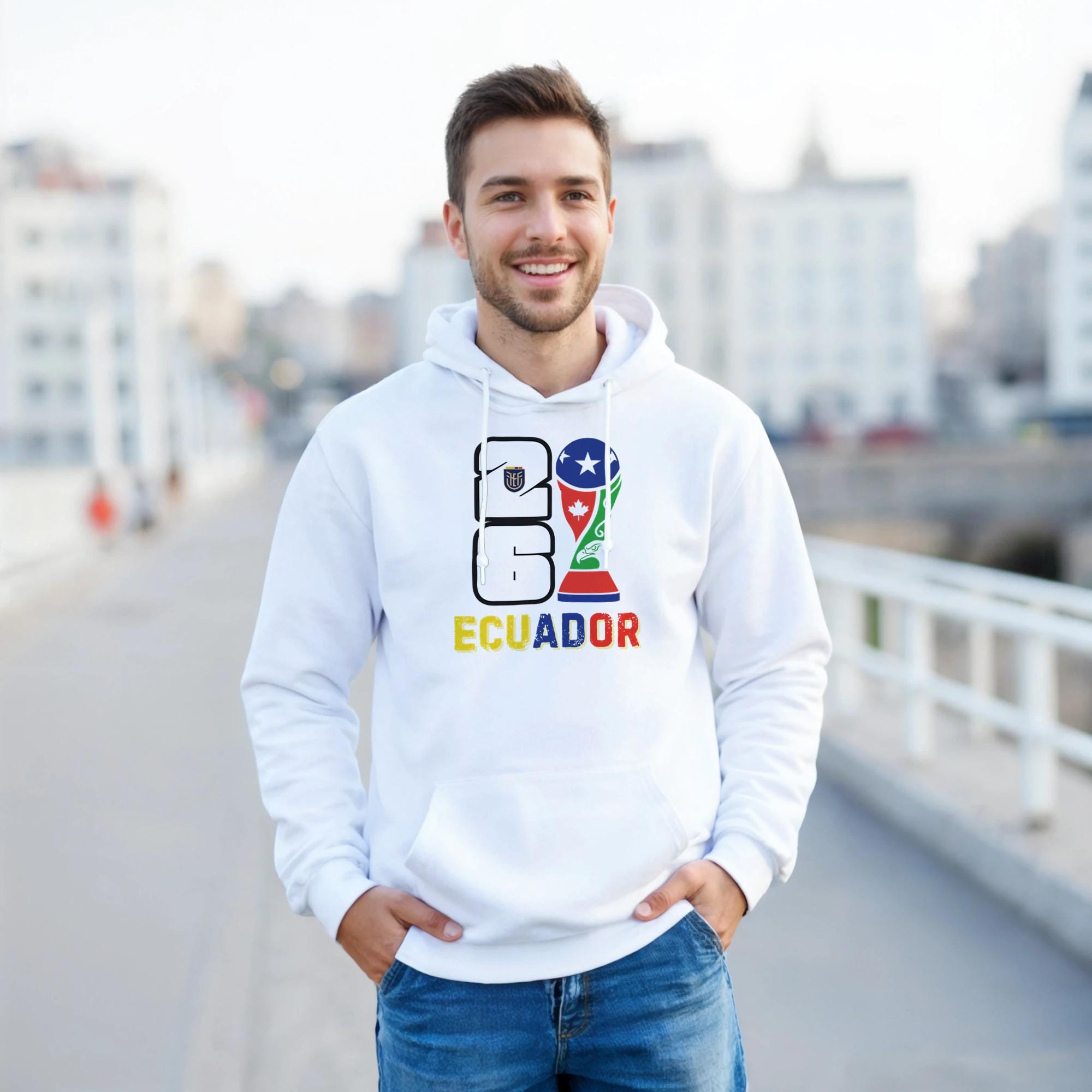 Man wearing a white hoodie with 'Ecuador' and a logo on a blurred city street background