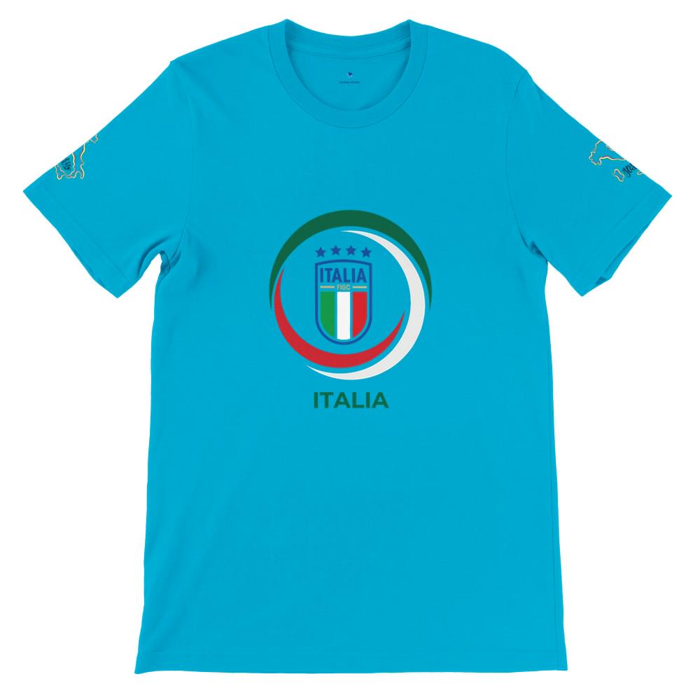 Blue t-shirt with Italian flag design on a white background
