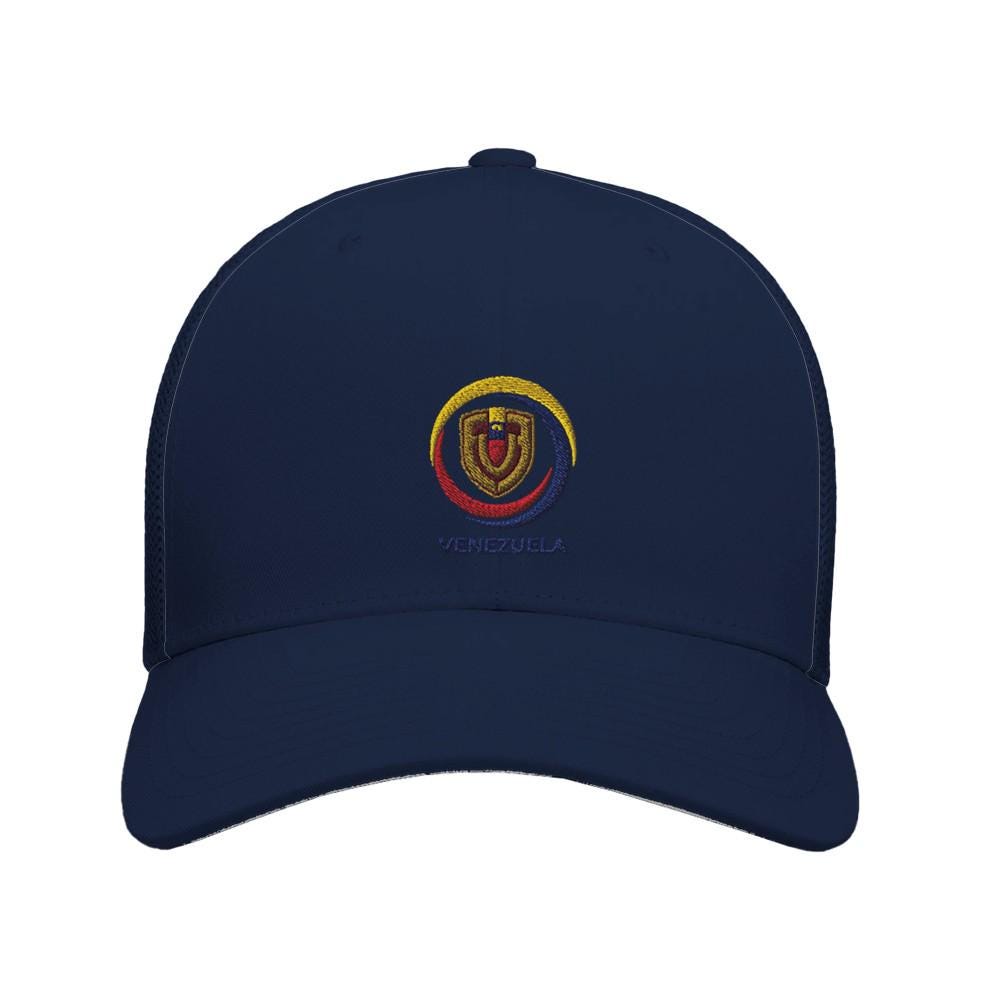 Navy blue cap with a embroidered logo on a white background