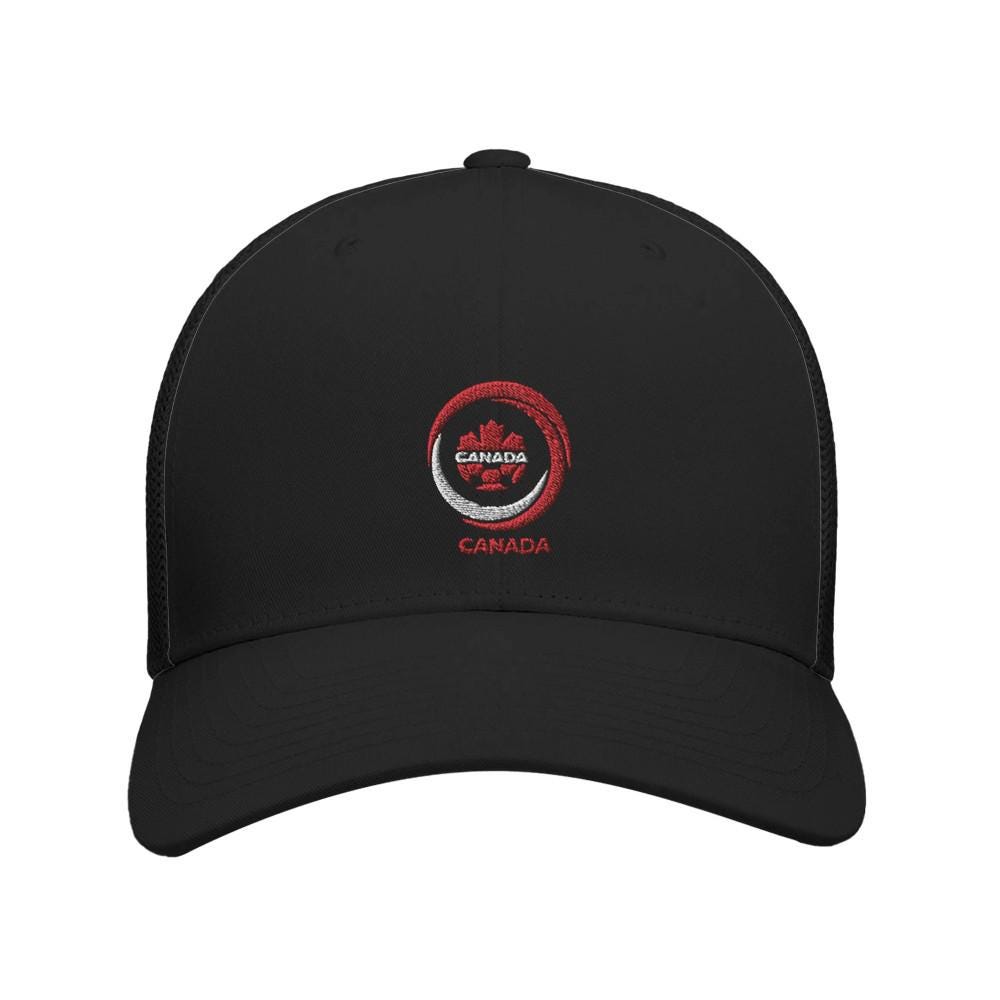 Black cap with a red and white logo on a white background