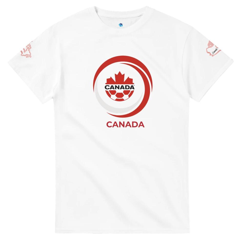 White t-shirt with red and black 'Canada' logo on a white background