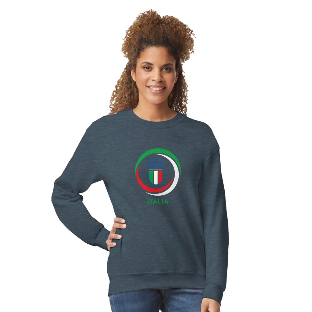 Woman wearing a navy blue sweatshirt with an Italian flag design on a white background
