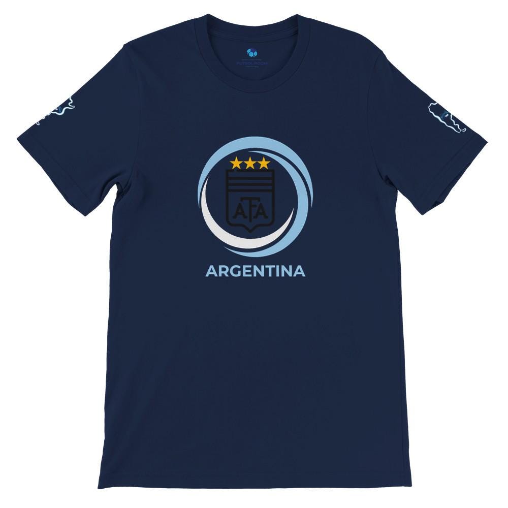 Navy blue t-shirt with Argentina logo on a white background