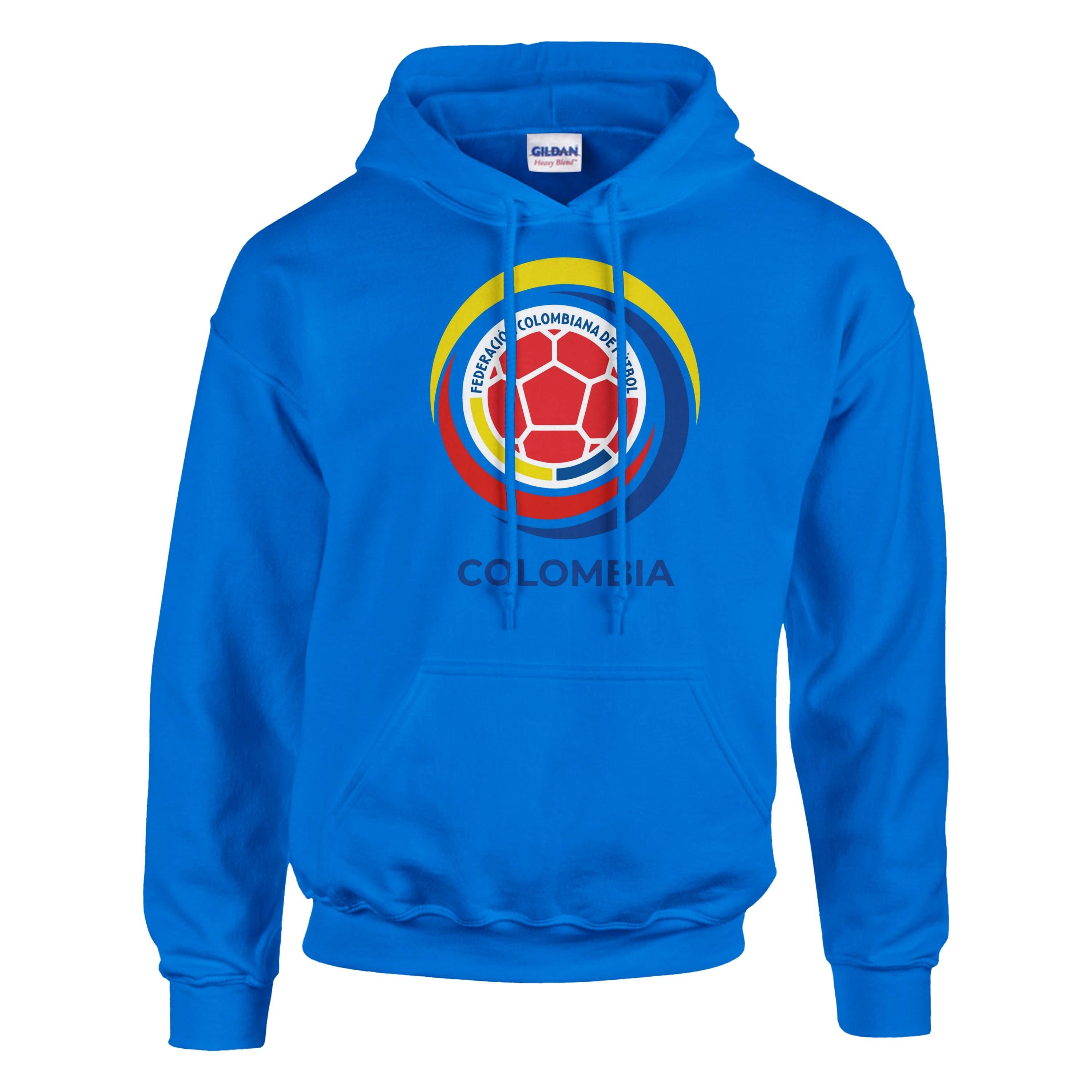 Blue hoodie with a soccer ball design and 'Colombia' text on a white background