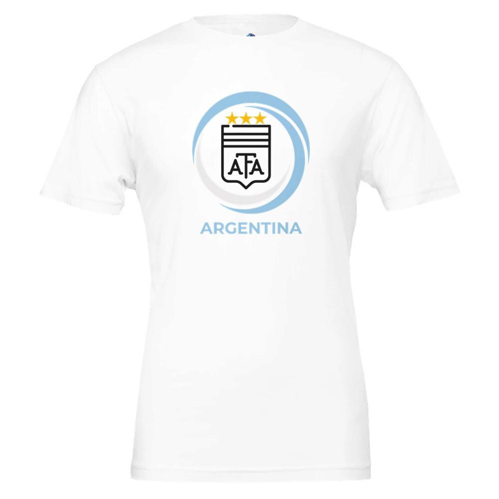 White t-shirt with Argentina national football team logo on a white background