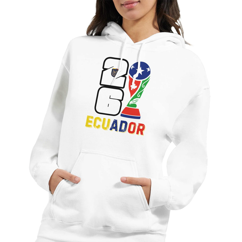 White hoodie with colorful 'Ecuador' text and logo on a white background