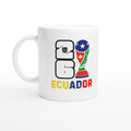 White mug with 2016 Ecuador design featuring a flag and logo on a white background