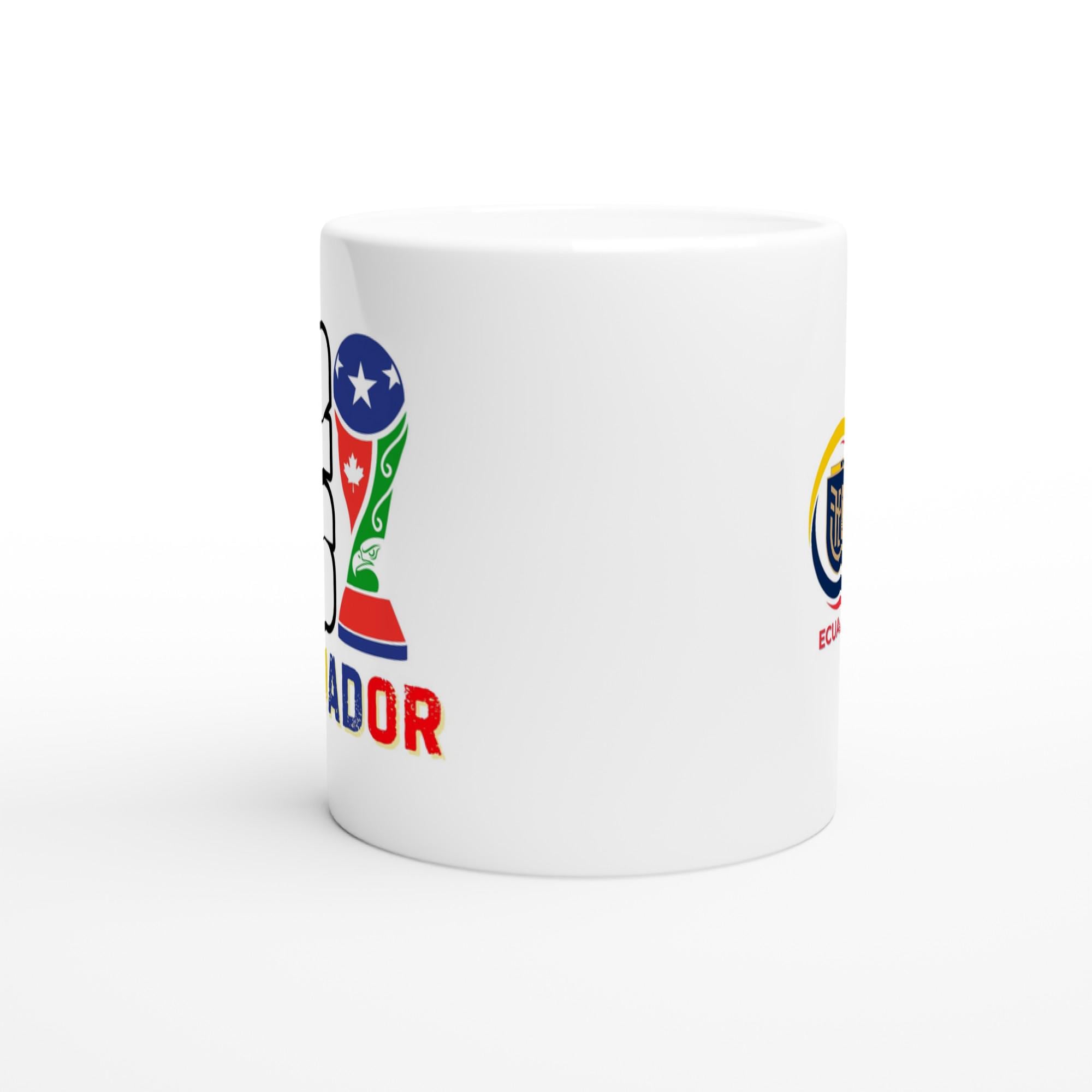 White mug with colorful designs and text on a white background