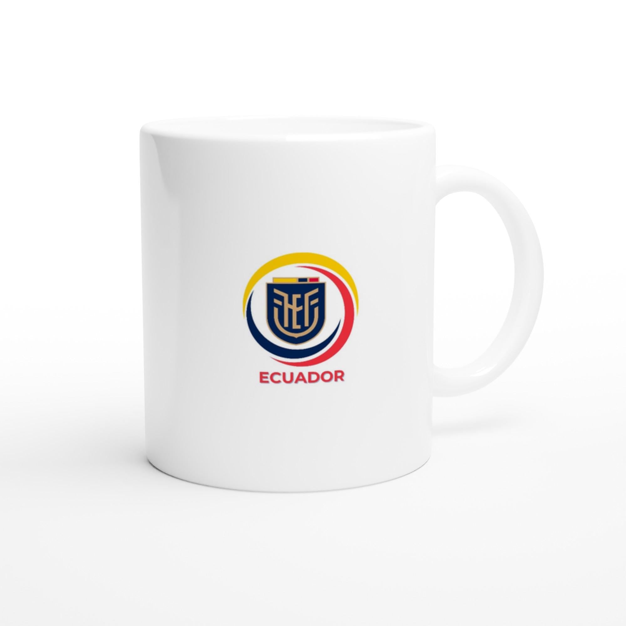 White mug with Ecuadorian logo on a white background