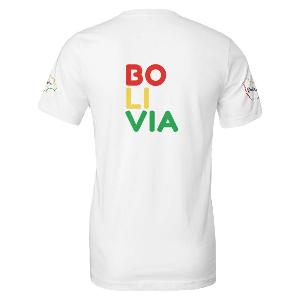 White t-shirt with 'BOLIVIA' printed in colorful letters on a white background