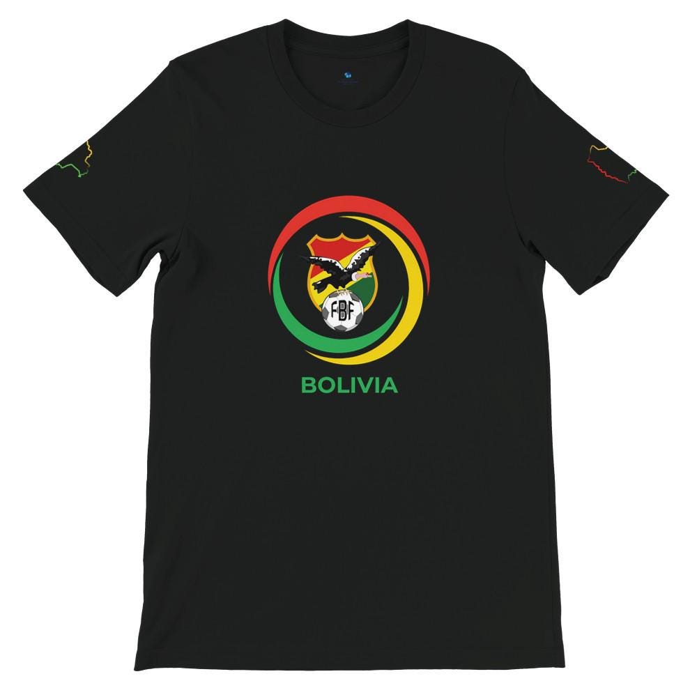 Black t-shirt with Bolivia emblem design on a white background