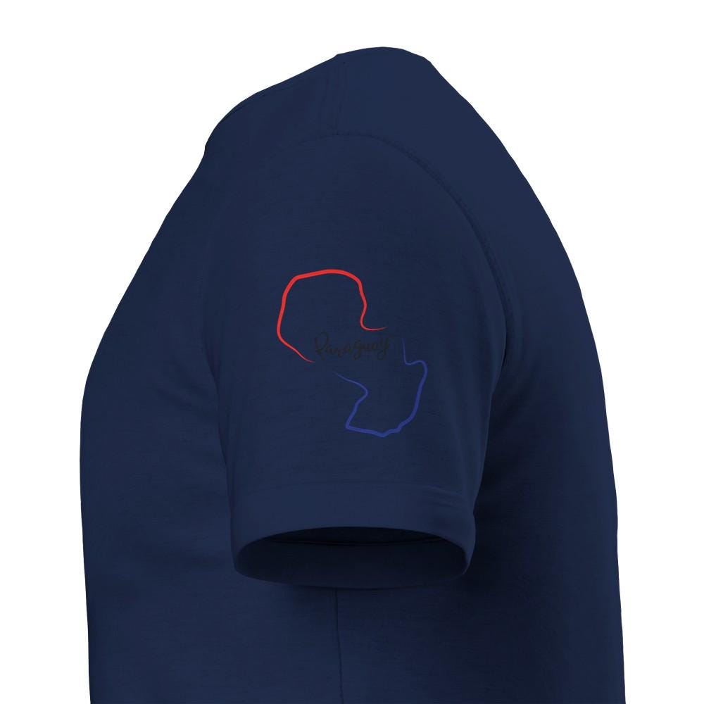 Navy blue jacket with a red and blue logo on the back against a white background