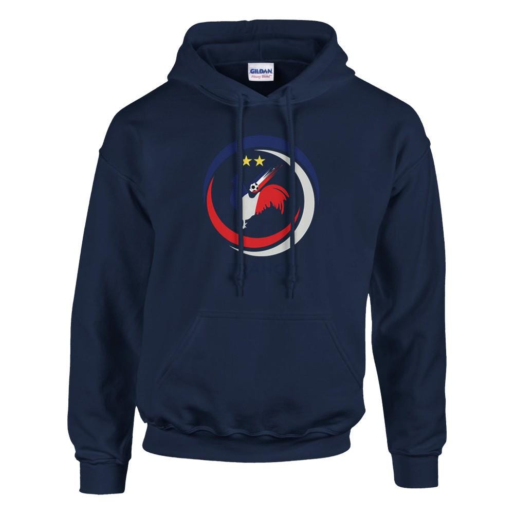 Navy blue hoodie with a colorful logo on a white background