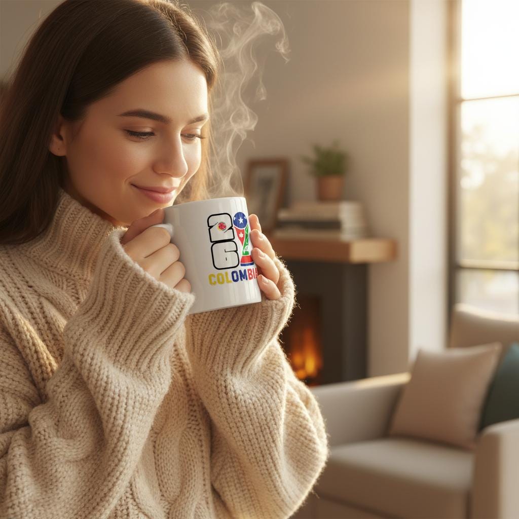 Woman in a cozy living room holding a mug with steam, wearing a beige sweater.