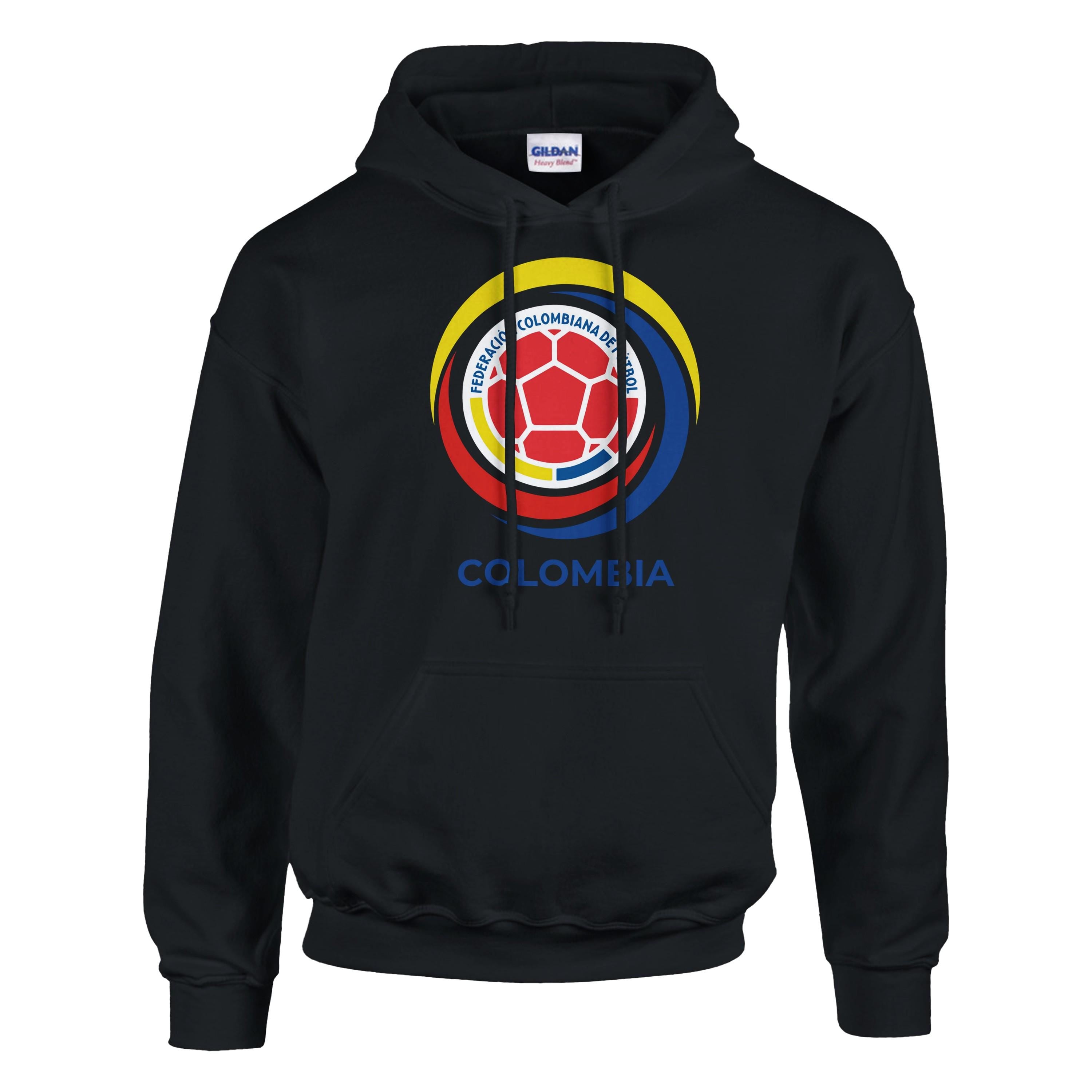 Black hoodie with a colorful logo and 'Colombia' text on a white background