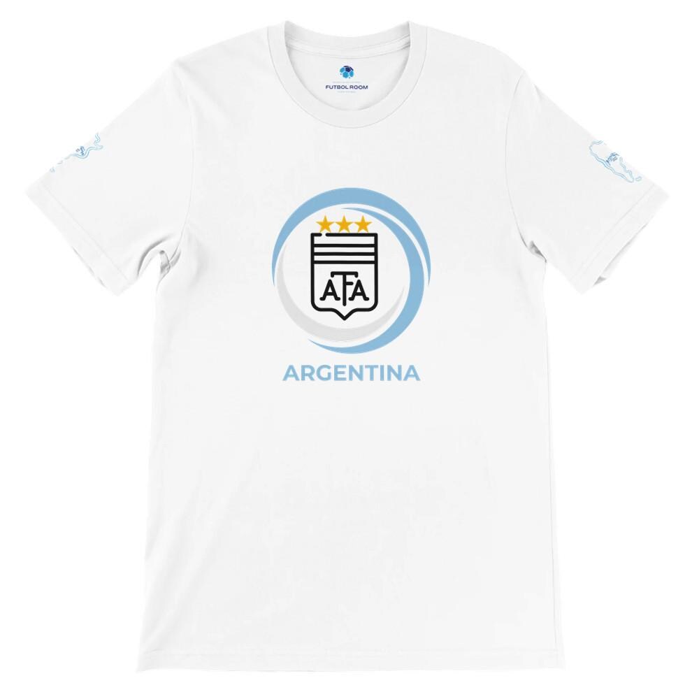 White t-shirt with Argentina national football team logo on a white background
