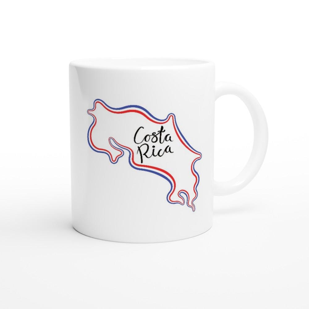 White mug with a map of Costa Rica design on a white background