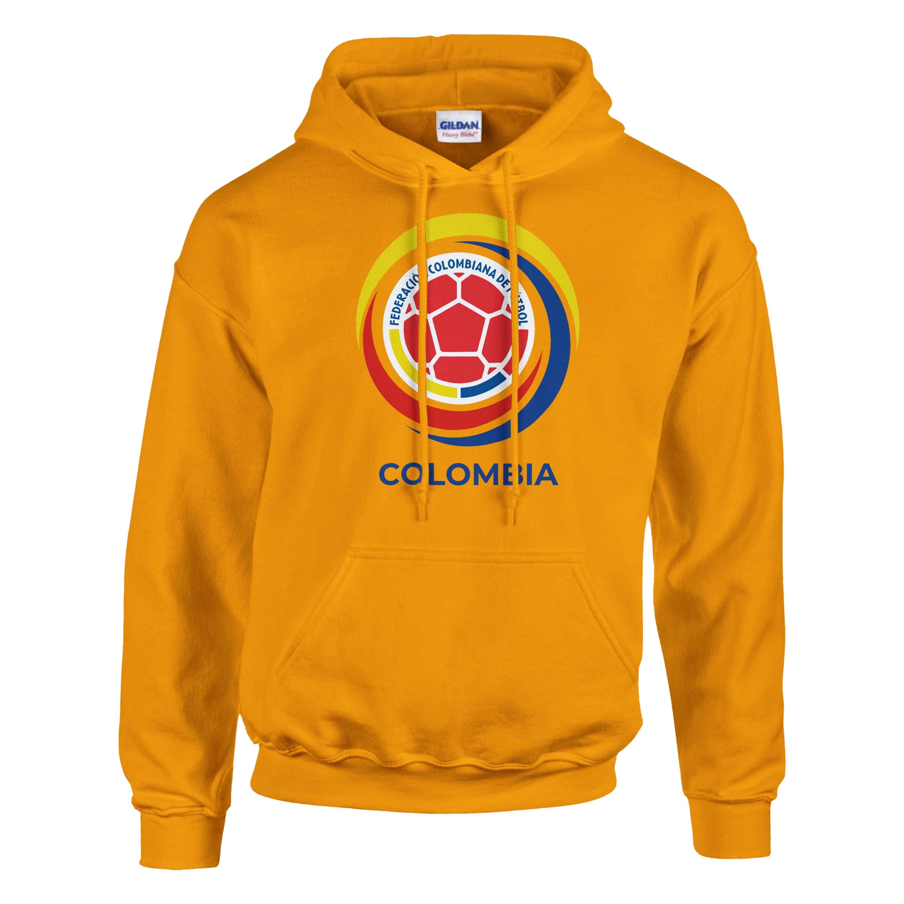 Yellow hoodie with a colorful logo and 'Colombia' text on a white background
