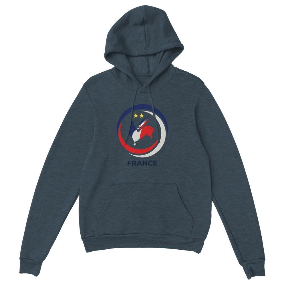 Blue hoodie with a circular logo featuring a rooster and stars on a white background