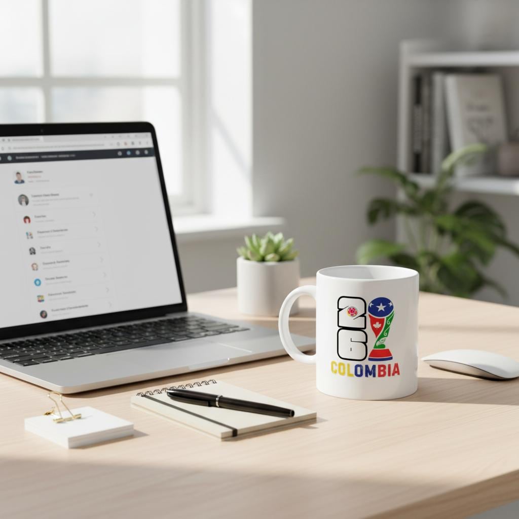 Laptop on a desk with a mug labeled 'Colombia' in an office setting