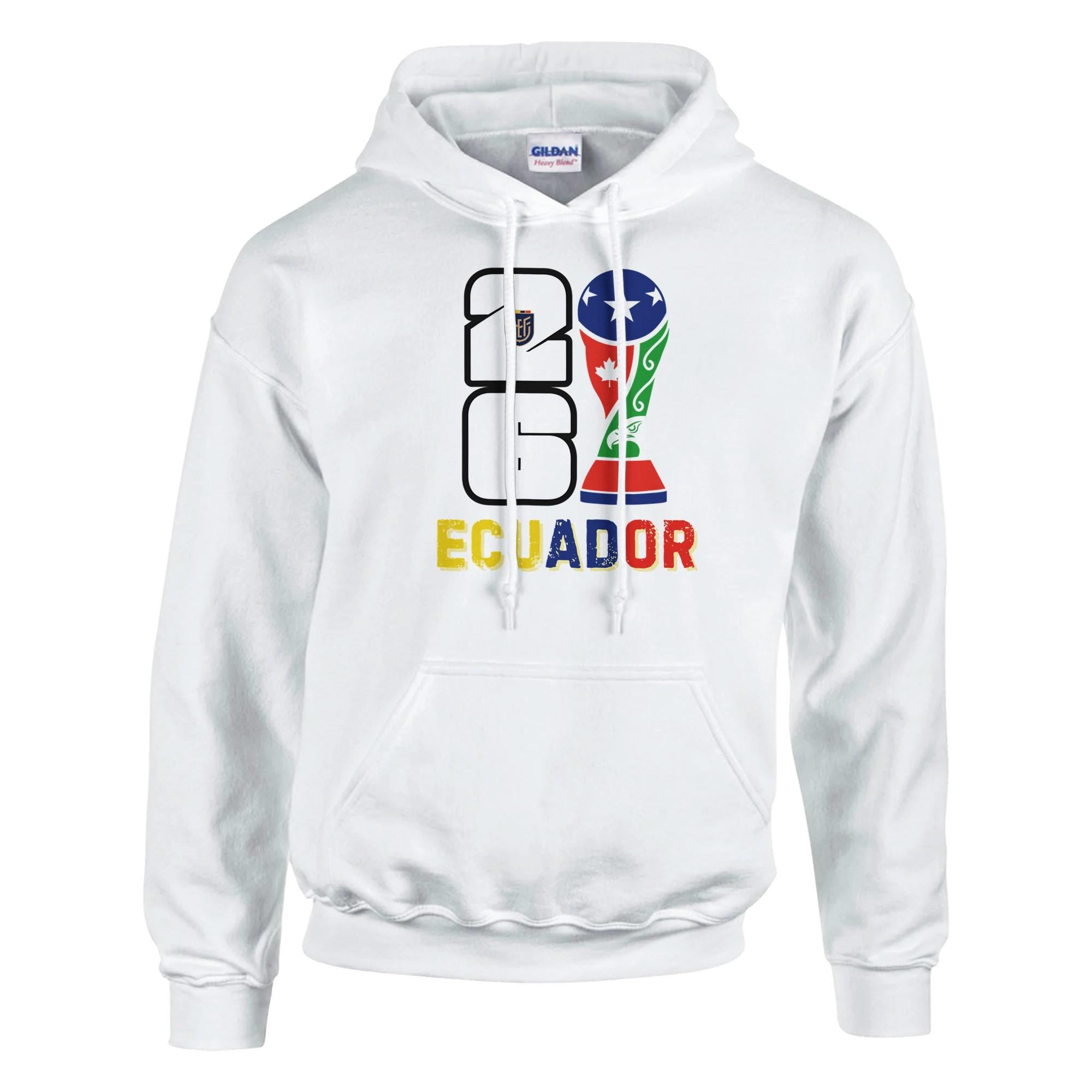 White hoodie with Ecuador-themed design on a white background