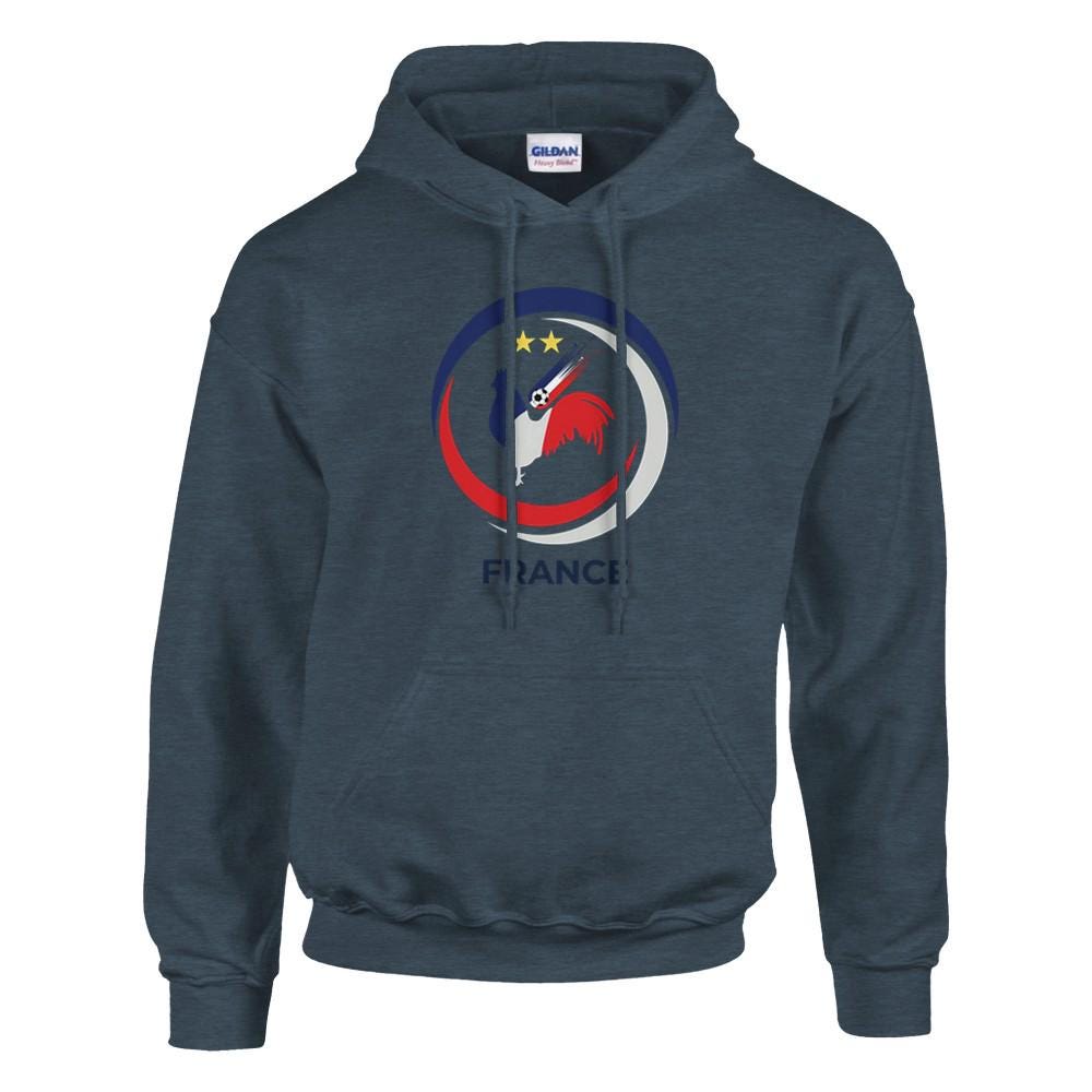 Blue hoodie with a logo on the chest against a white background
