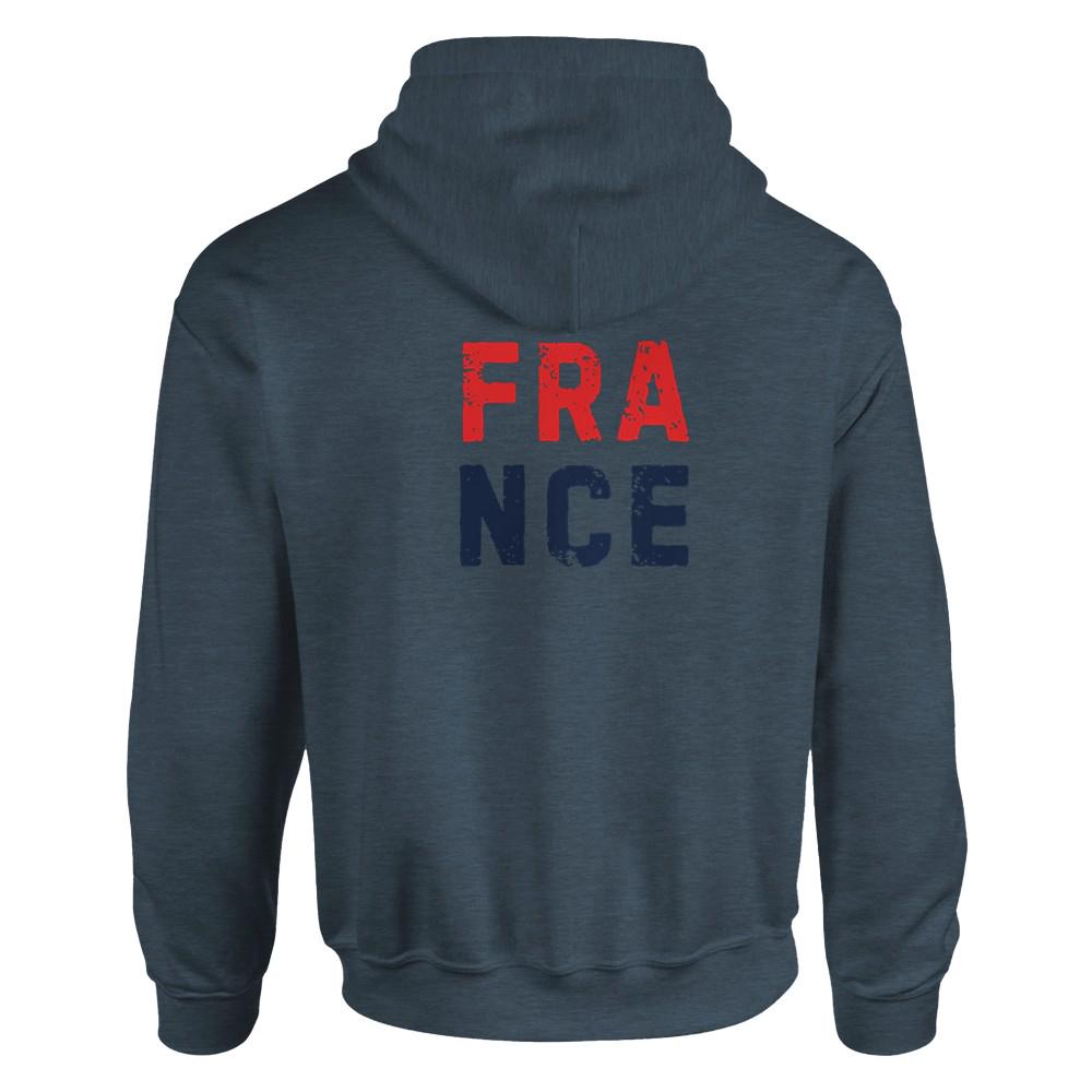 Dark gray hoodie with 'FRANCE' printed on the back in red and blue.