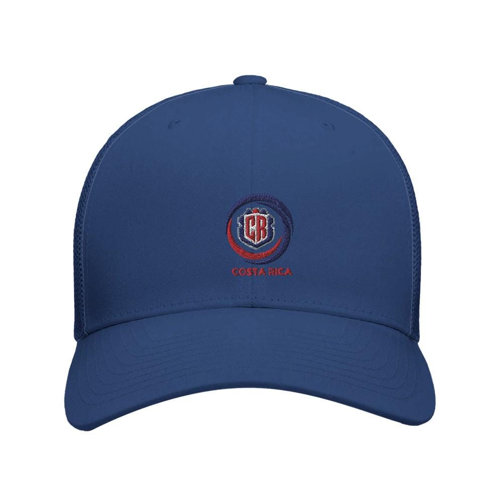 Blue cap with a logo and text on a white background