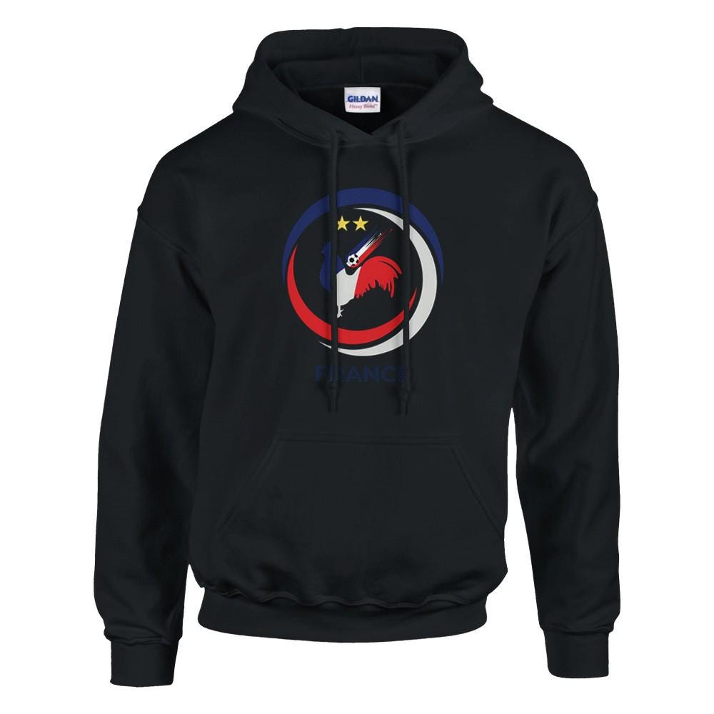 Black hoodie with a colorful logo on a white background