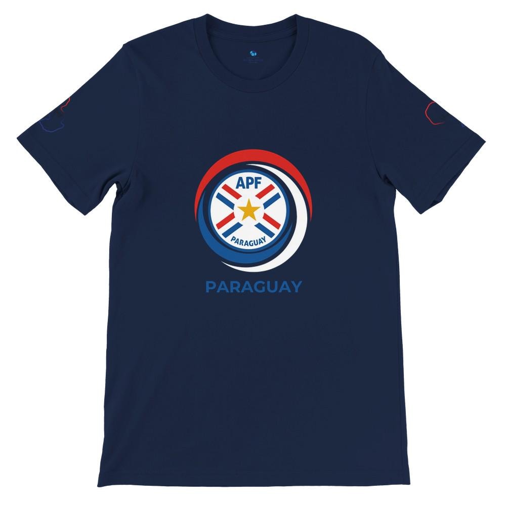 Navy blue t-shirt with a Paraguayan sports federation logo on a white background