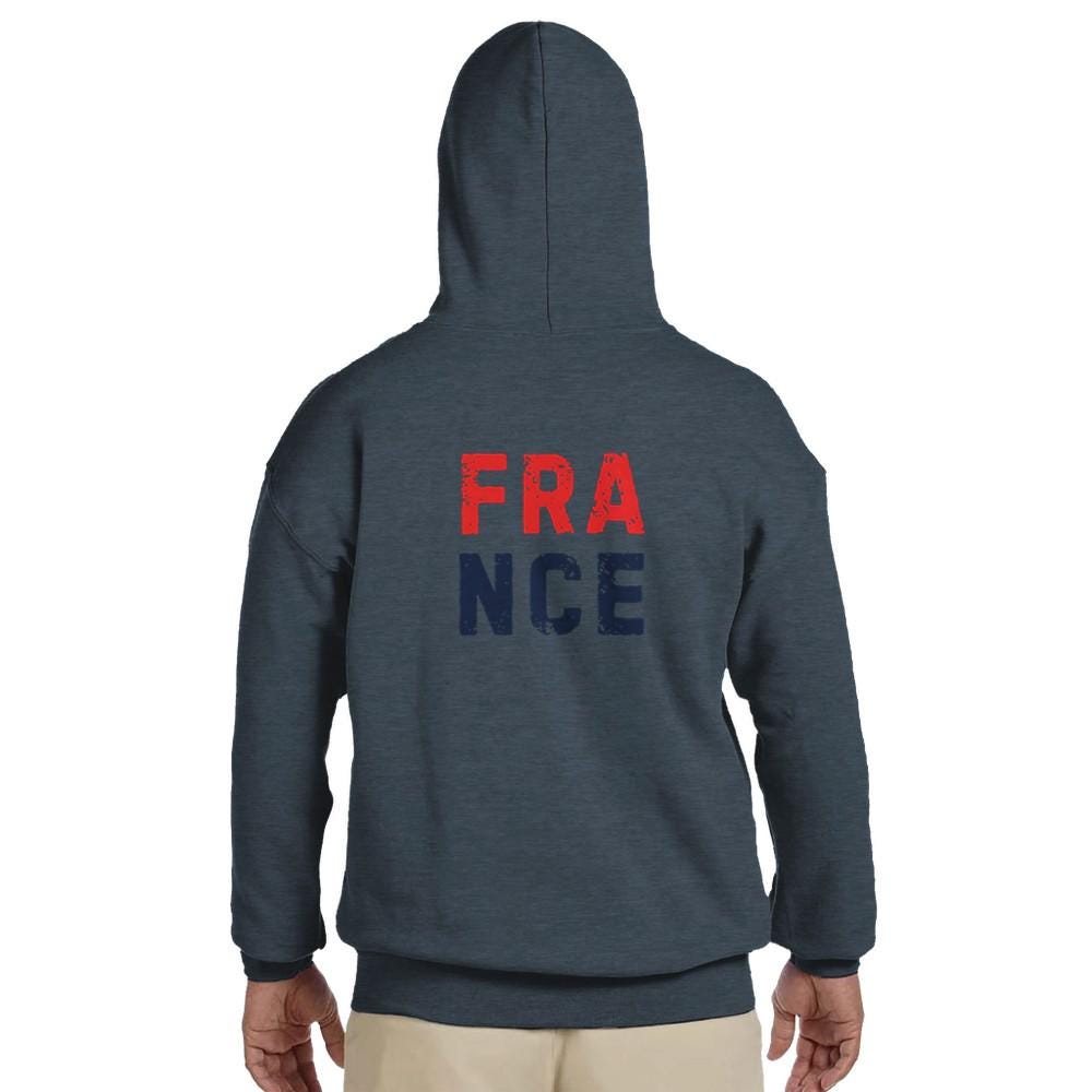 Dark gray hoodie with 'FRANCE' printed on the back against a white background