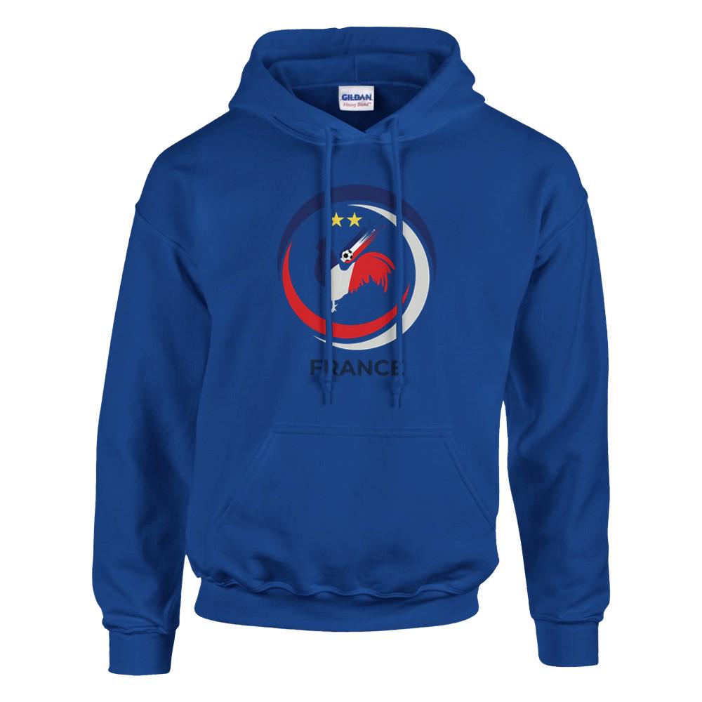 Blue hoodie with a logo on a white background
