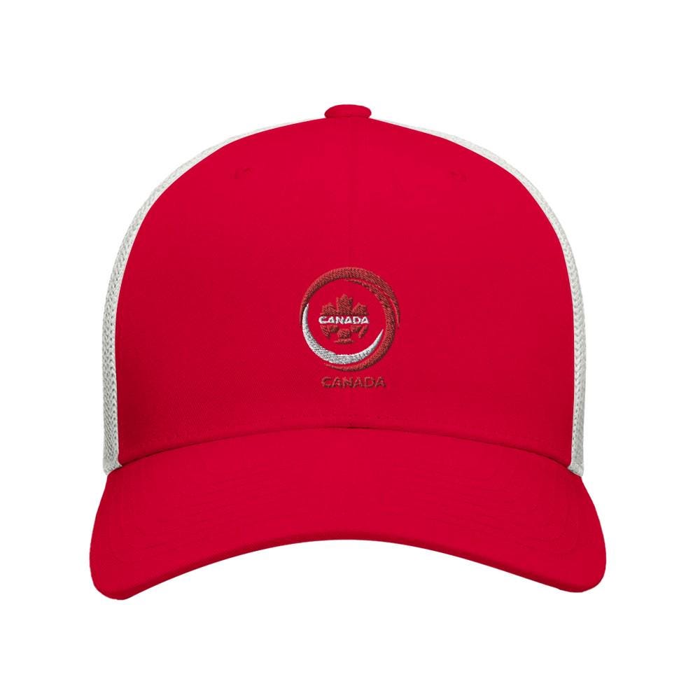 Red cap with white mesh and logo on a white background