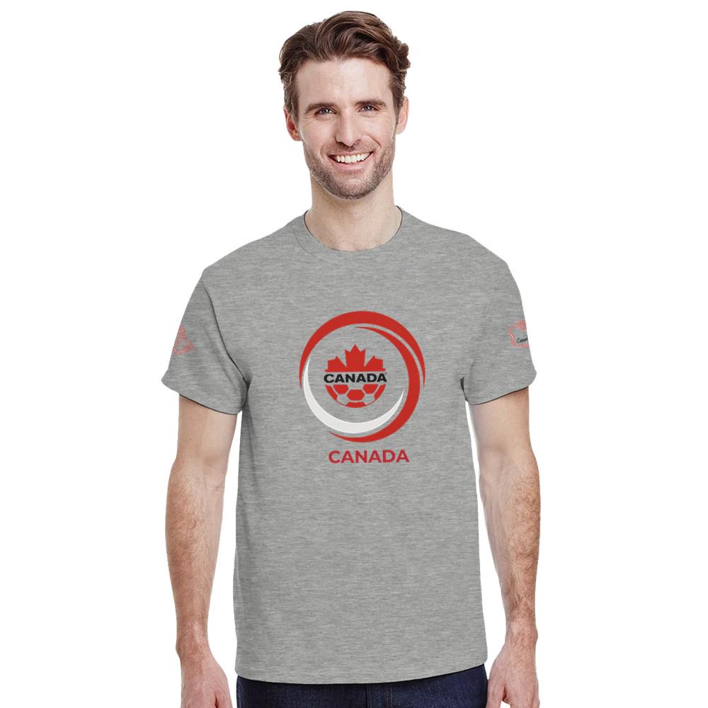 Man wearing a gray t-shirt with a Canada-themed design on a white background